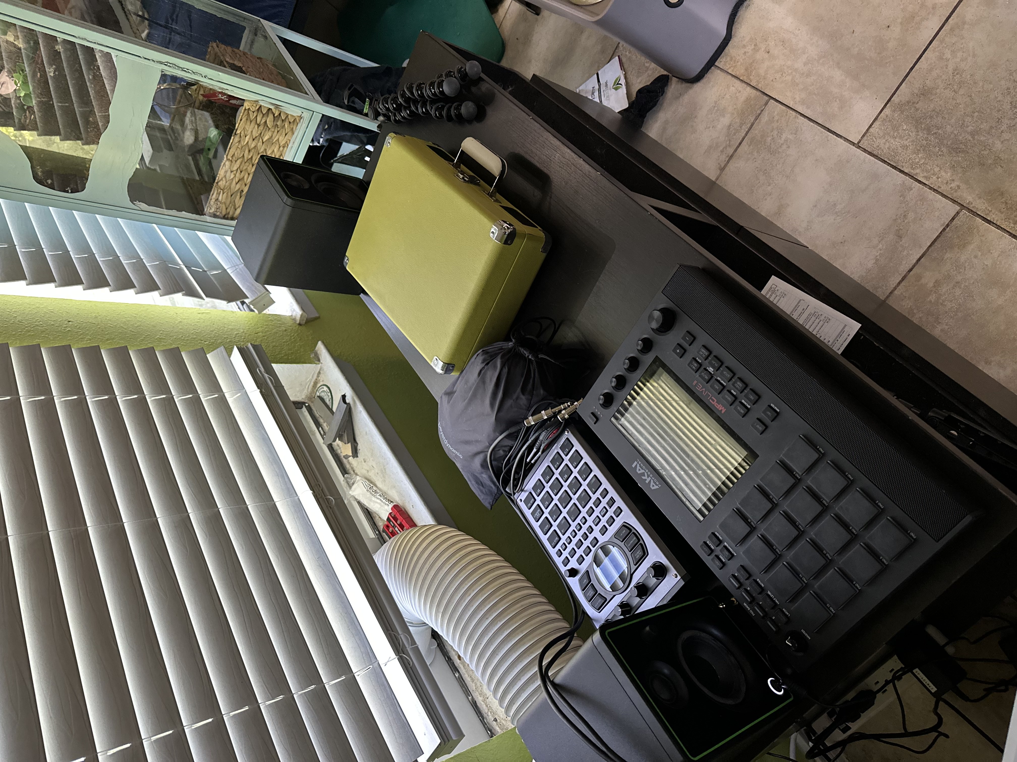 My music making table with my hardware,speakers and vinyl player.